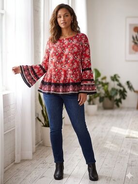 Crown & Ivy Red and White Floral Blouse